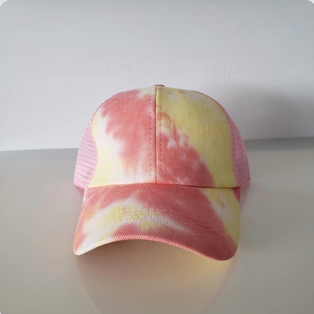 Tie Dye Ponytail Baseball Hat NWOT Pink, Coral, Yellow, Mesh Back Trucker C…